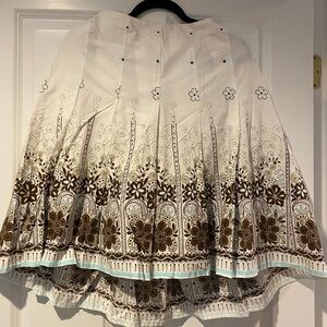 Tribal Cotton Women Floral White Brown Skirt Sz 14